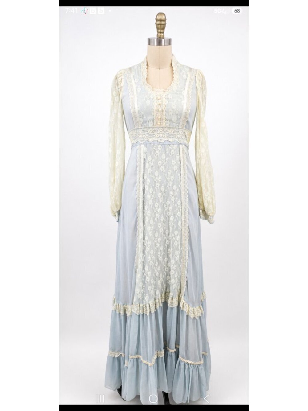 VTG Gunne Sax Light Blue Lace Victorian Prairie Dress Womens 7? Renaissance Maxi